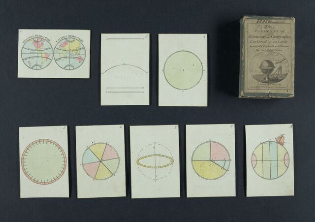There is little writing on the cards besides numbers and letters used to name or describe the Earth's geometry, such as degrees and angles. The small cardboard box used to house the cards shows a simple illustration of a globe, astrolabe, and telescrope under the title, signed H. H. Graham in ink, then M. Goyle in pencil.
